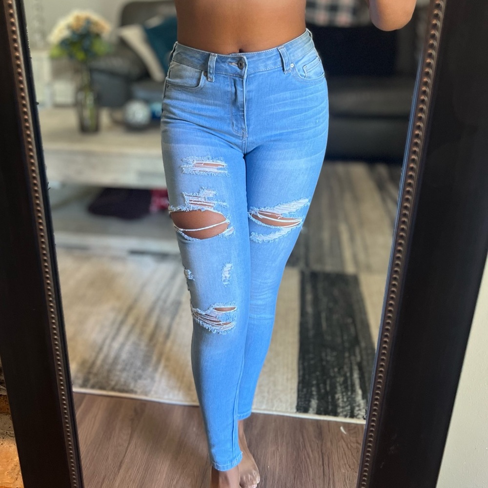 Distressed High Waisted Skinny Jeans, Light Wash, Juniors Size 7